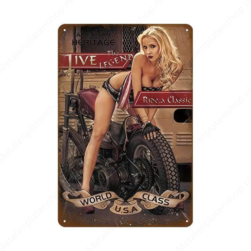 Pin-up Woman with Motorbike - Metal Wall Sign