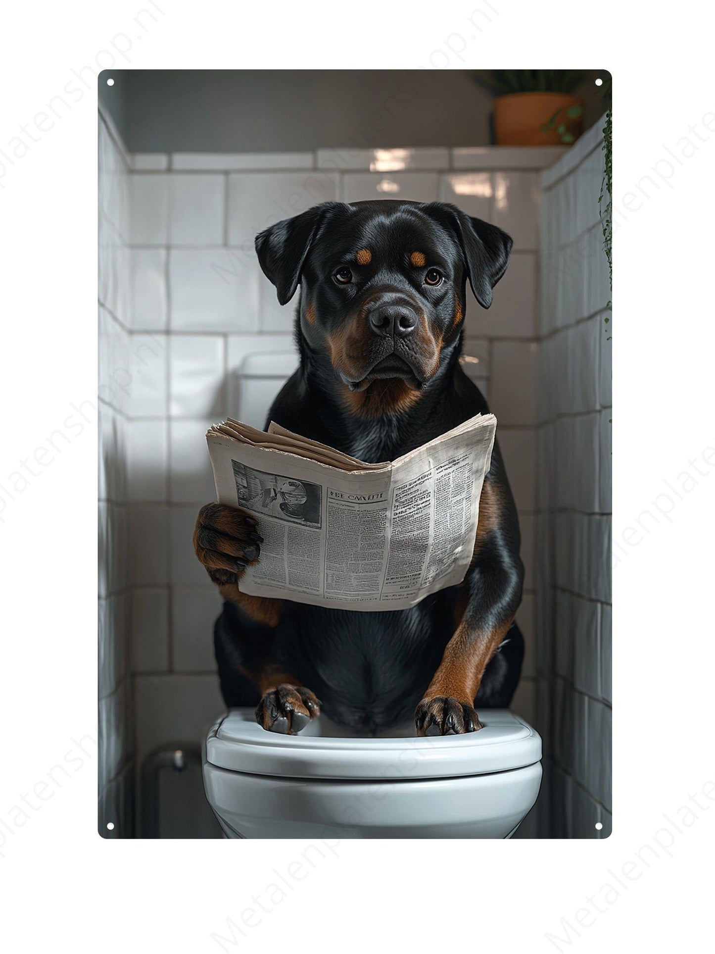 Rottweiler on the toilet with a newspaper - Metal Wall Sign