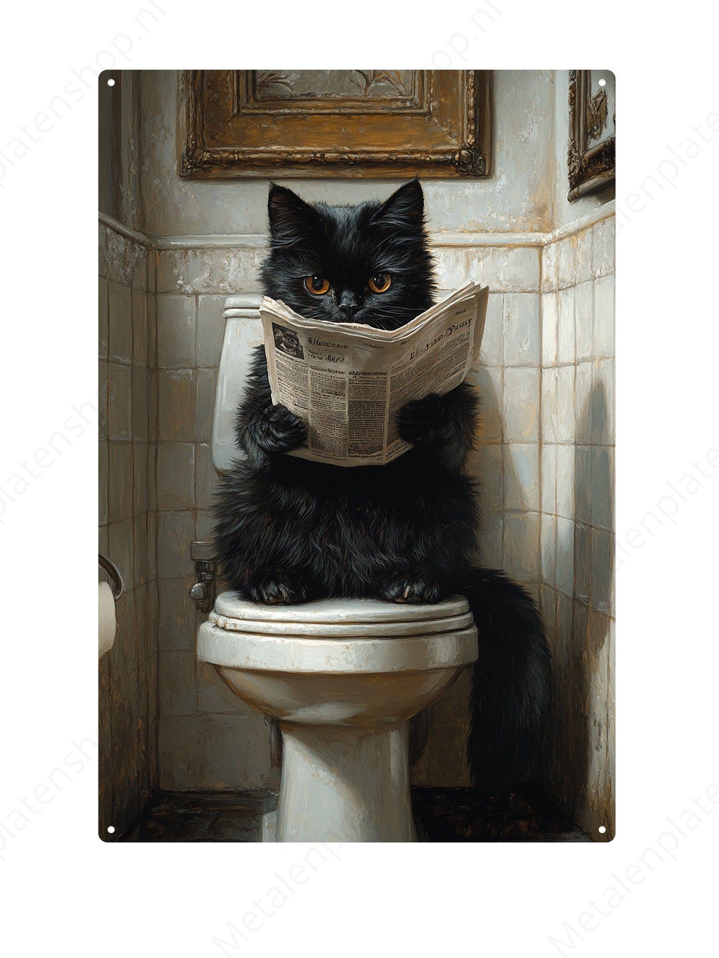 Cat on the toilet with a newspaper - Metal Wall Sign