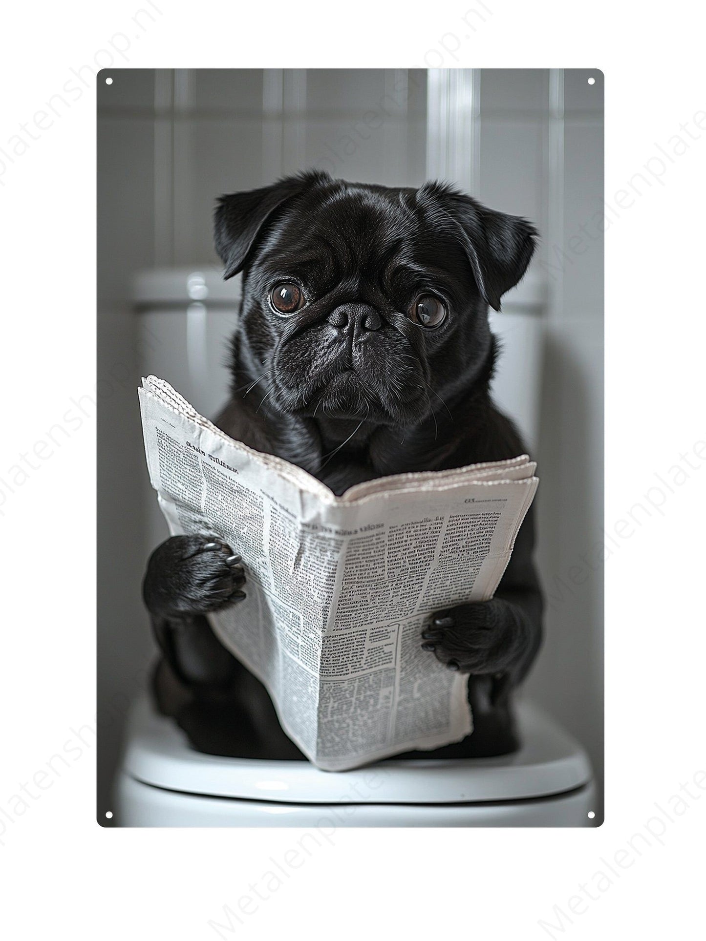French Bulldog on the toilet with a newspaper - Metal Wall Sign