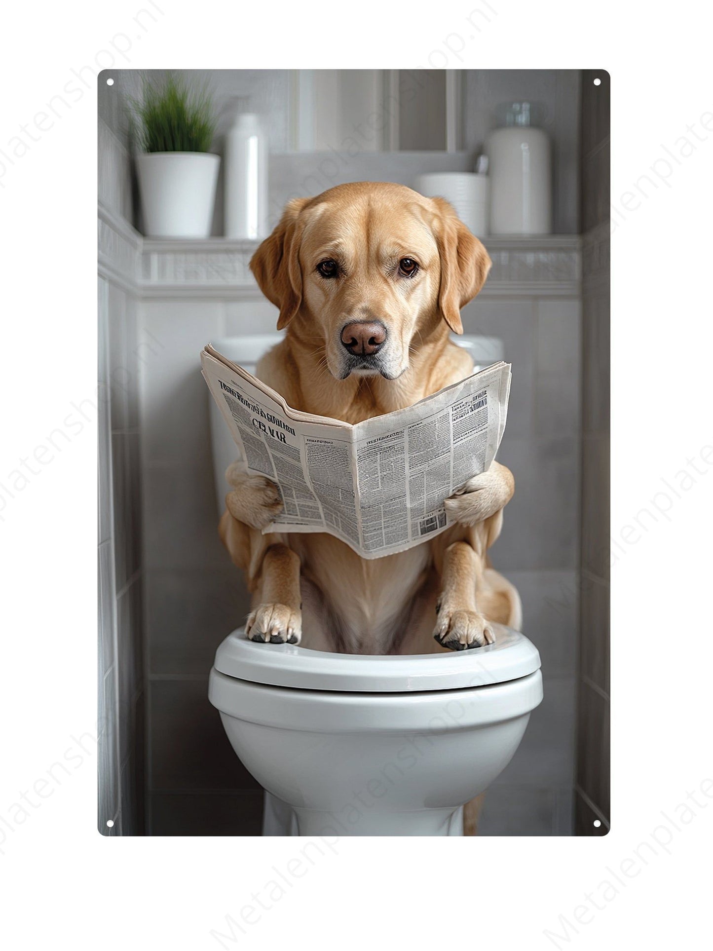 Golden Retriever on the toilet with a newspaper - Metal Wall Sign