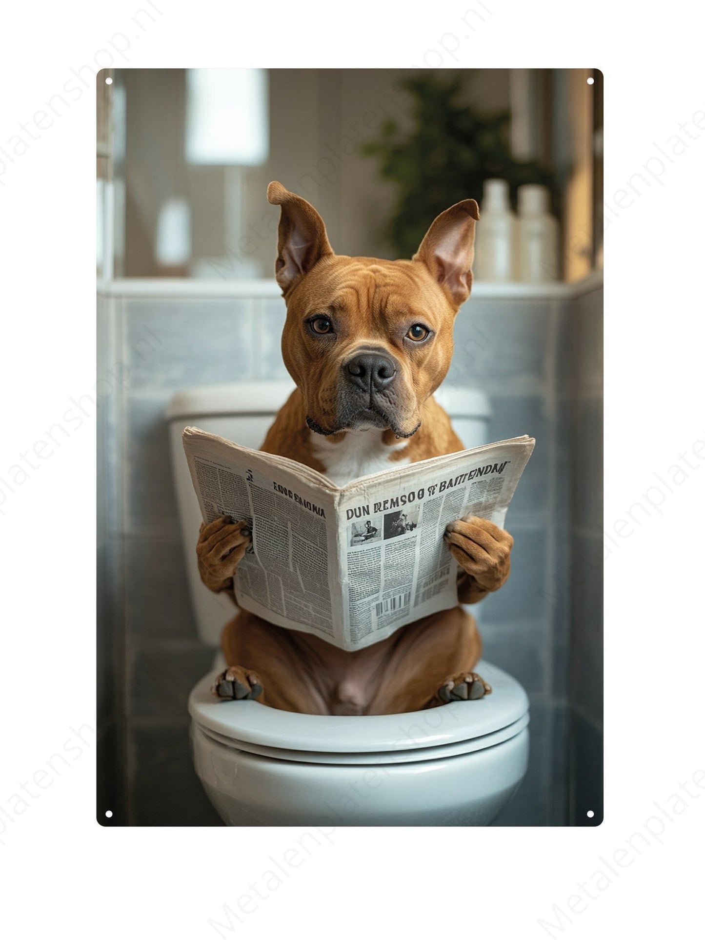 Stefford on the toilet with a newspaper - Metal Wall Sign