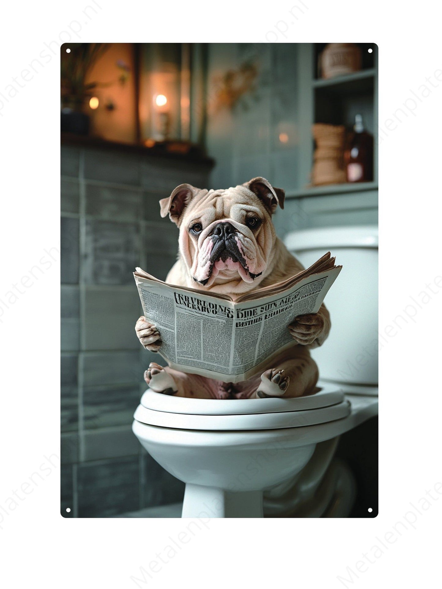 English bulldog on the toilet with a newspaper - Metal Wall Sign