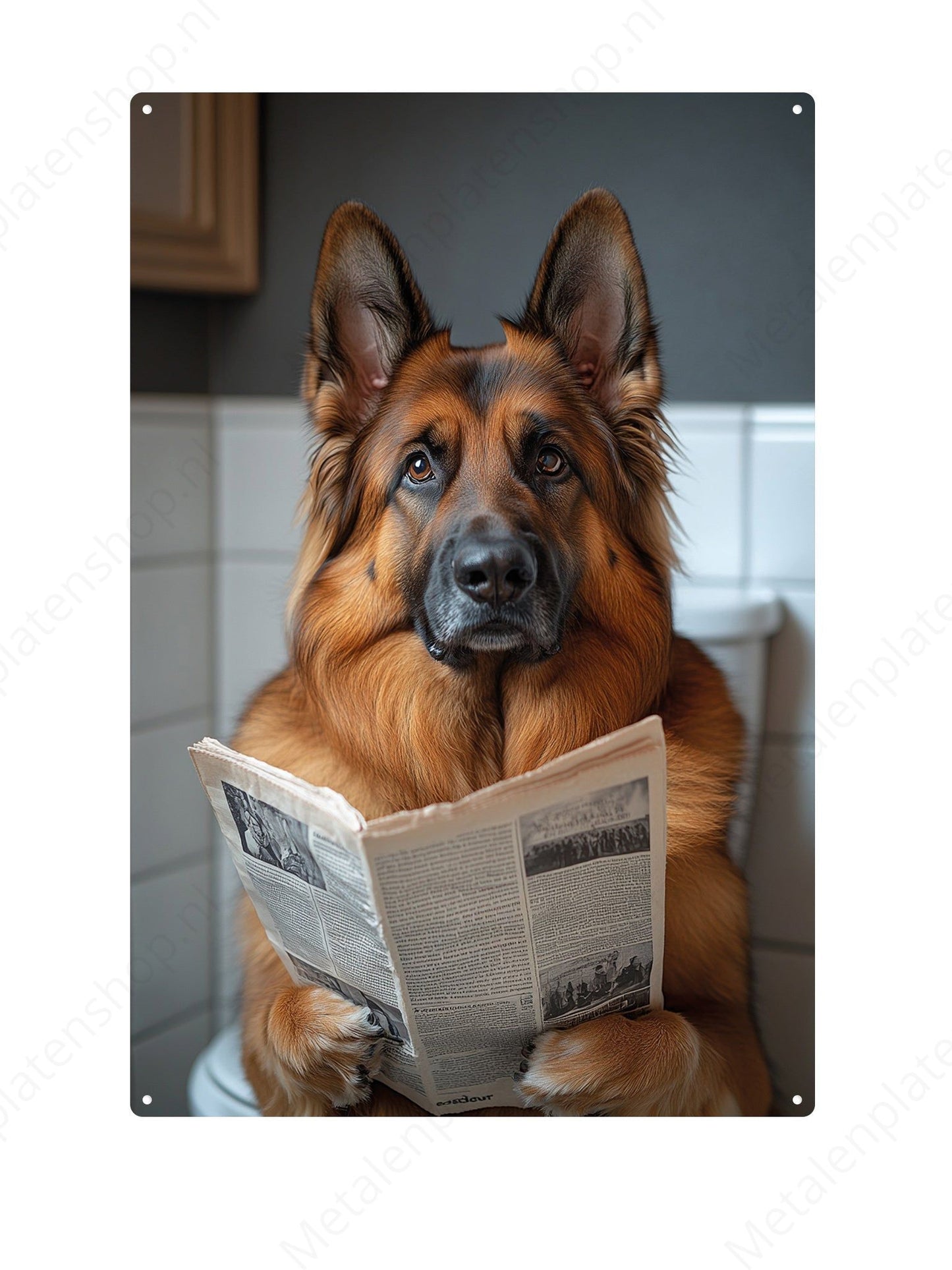German Shepherd on the toilet with a newspaper - Metal Wall Sign