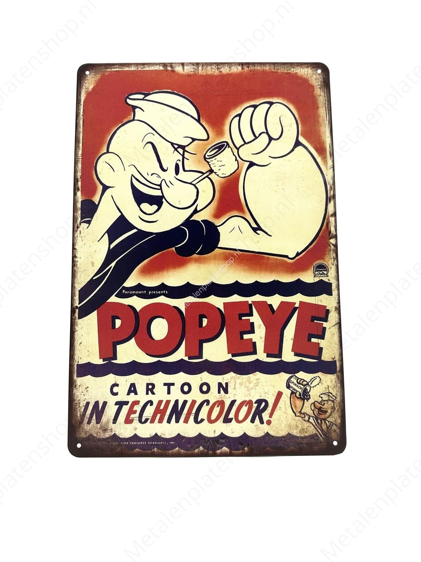Popeye-Cartoon in Technicolor – Metall-Wandschild