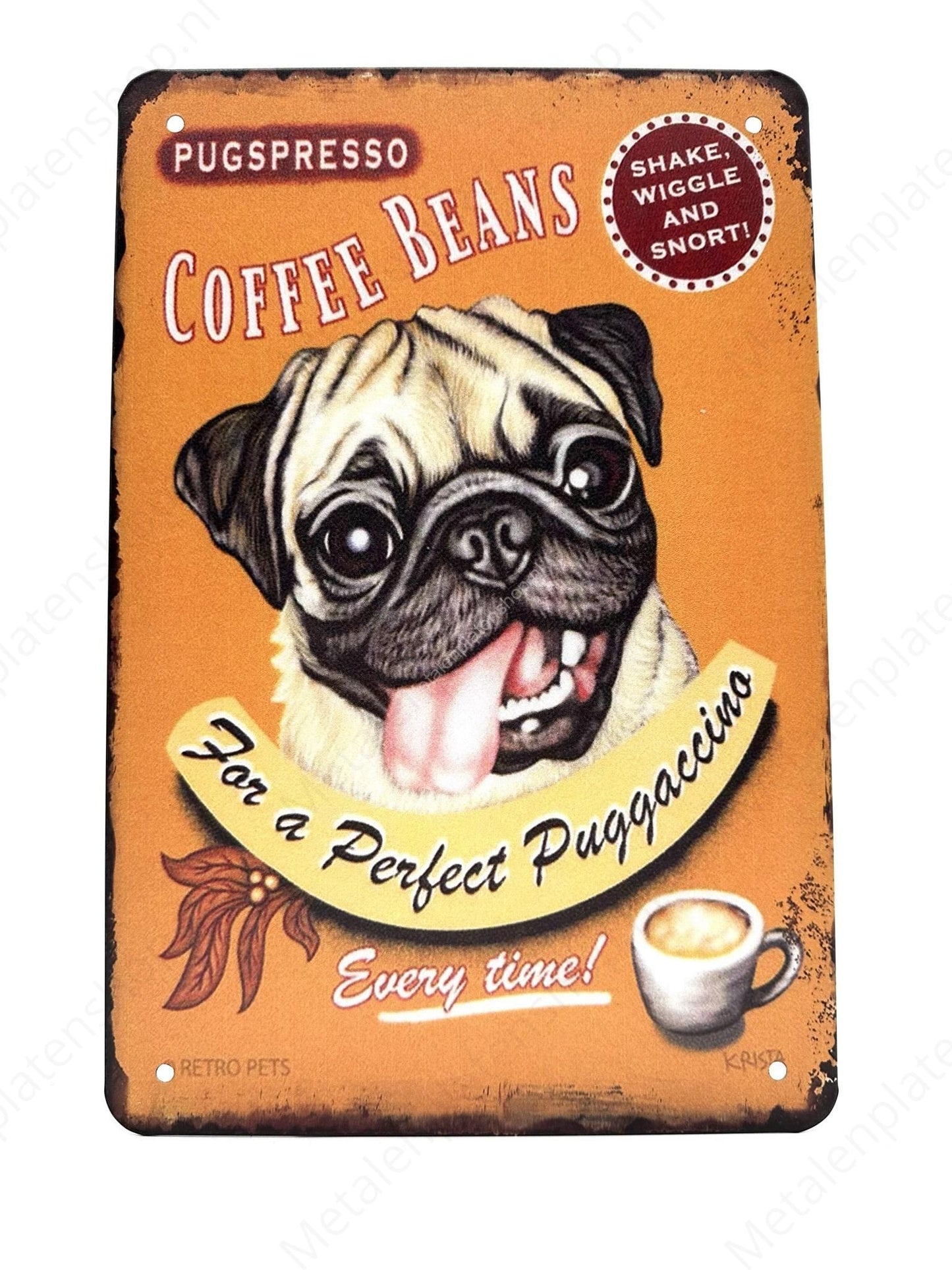 Pug - Coffee Beans - Metal Wall Sign