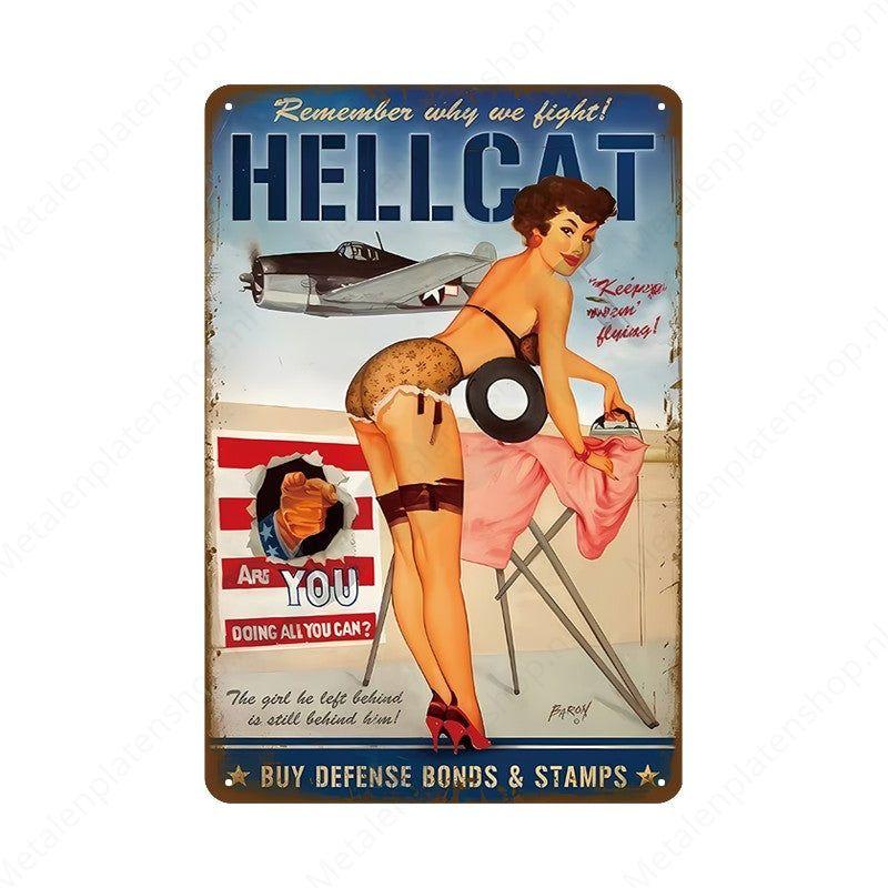 Pin-up Woman with Hellcat - Metal Wall Sign