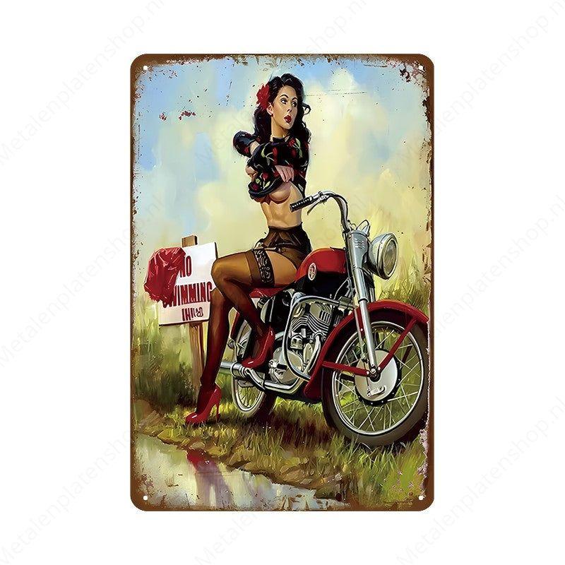 Pin-up Woman with Motorbike - Metal Wall Sign