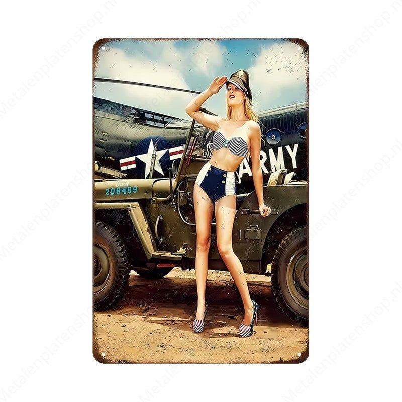 Pin-up Woman with Jeep - Metal Wall Sign
