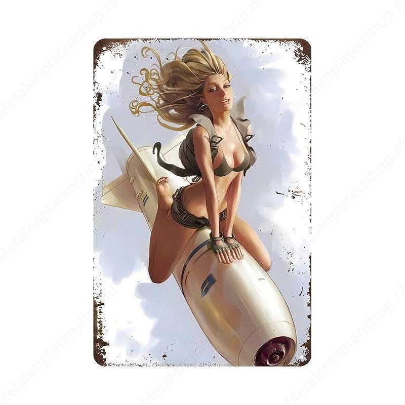 Pin-up Woman with Rocket - Metal Wall Sign