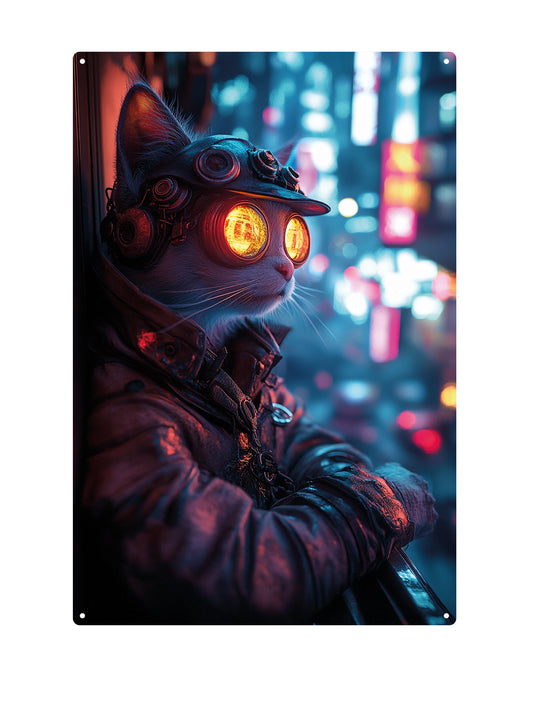 Cyberpunk-Katze – Metall-Wandschild