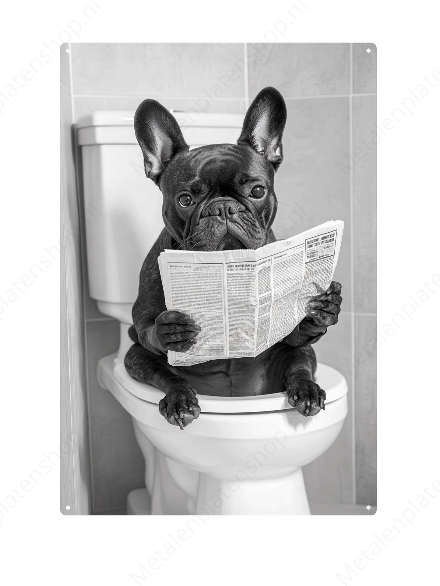 French bulldog on the toilet with a newspaper - Metal Wall Sign