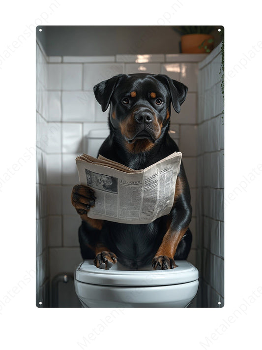 Rottweiler auf der Toilette mit einer Zeitung