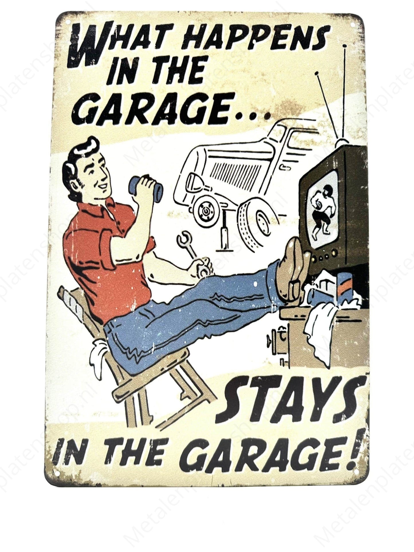 Was passiert in der Garage - Metallwandschild