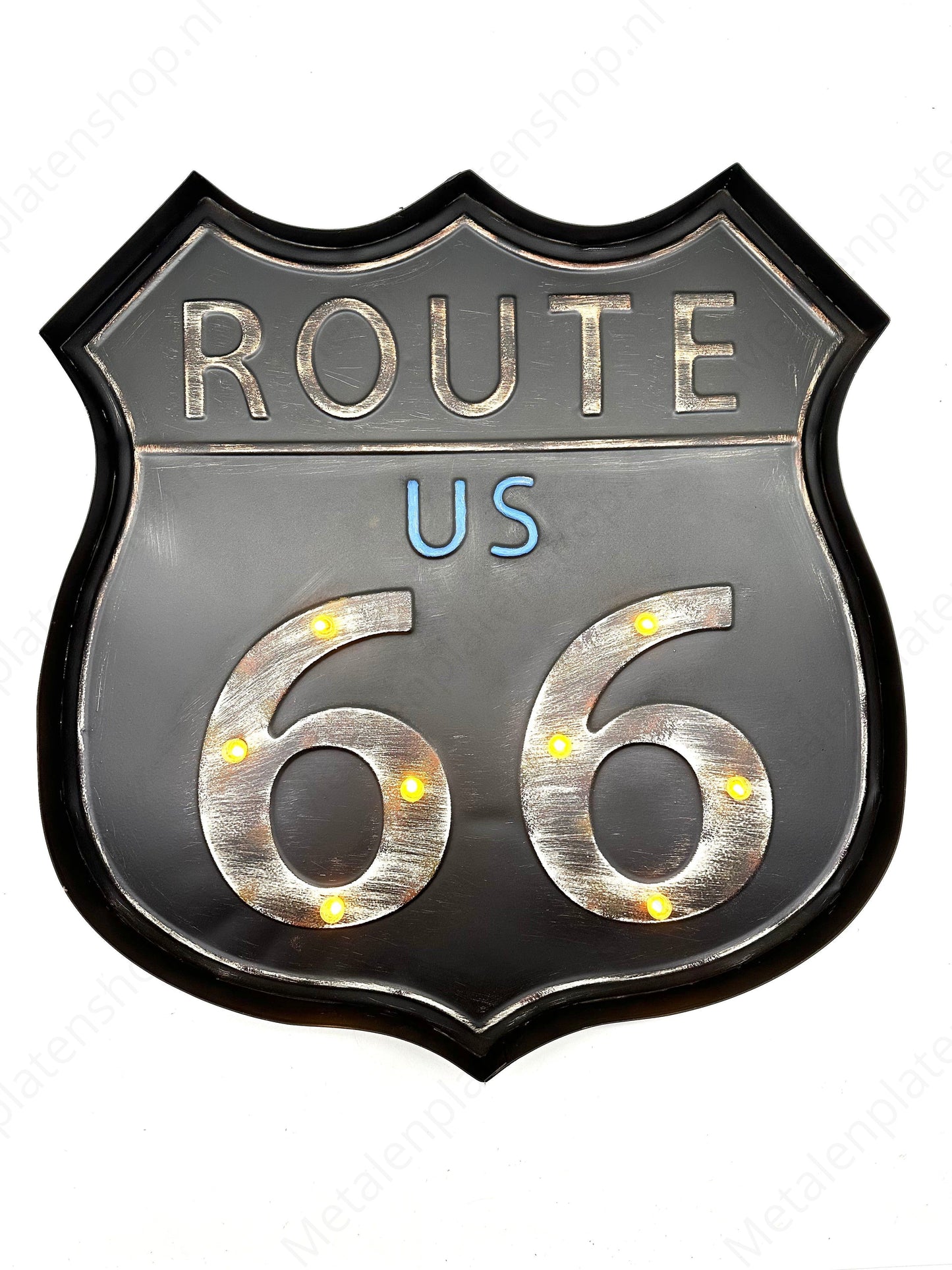 Metall-Lichtschild – Route 66 Schwarz – LED-Beleuchtung 