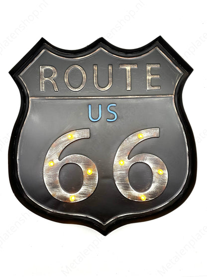 Metall-Lichtschild – Route 66 Schwarz – LED-Beleuchtung 