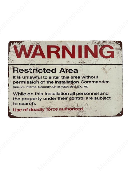 Warning Restricted Area - Warning - Metal Wall Sign