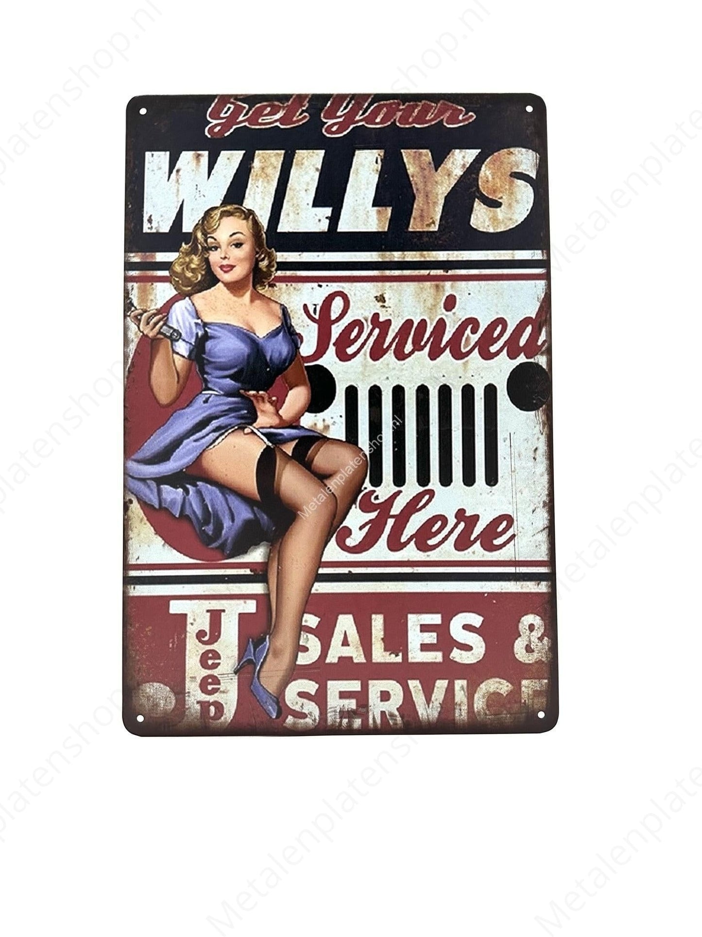 Get your willys serviced here - Garage - Metalen Wandbord