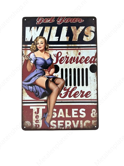 Get your willys serviced here - Garage - Metalen Wandbord