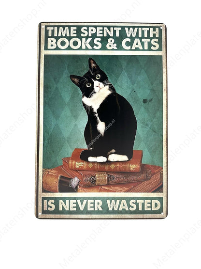 Funny Cat - Time Spent with Books &amp; Cats - Cats - Metal Wall Sign