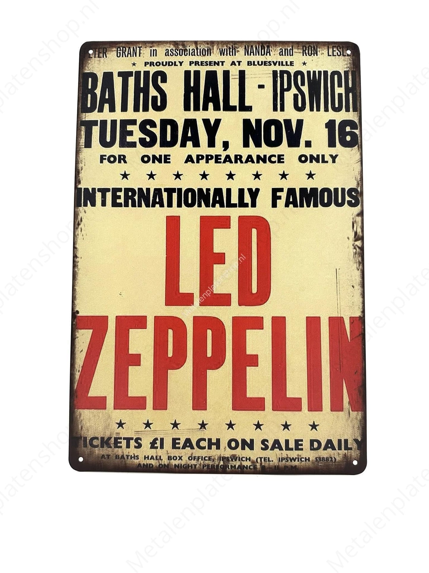 LED Zeppelin - Baths Hall - Ipswich - Music - Metal Wall Sign