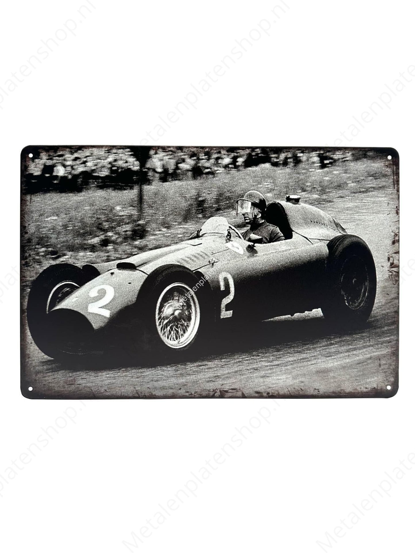 Formel-Vintage-Rennwagen – Schwarz/Weiß – Metall-Wandschild
