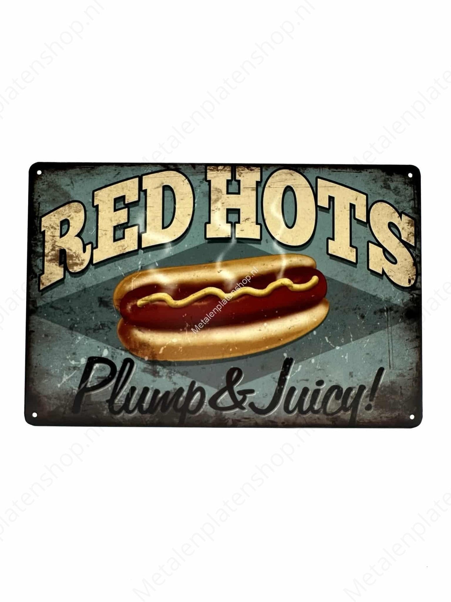 Red Hots – Plump &amp; Juicy – ​​Hotdogs – Metall-Wandschild