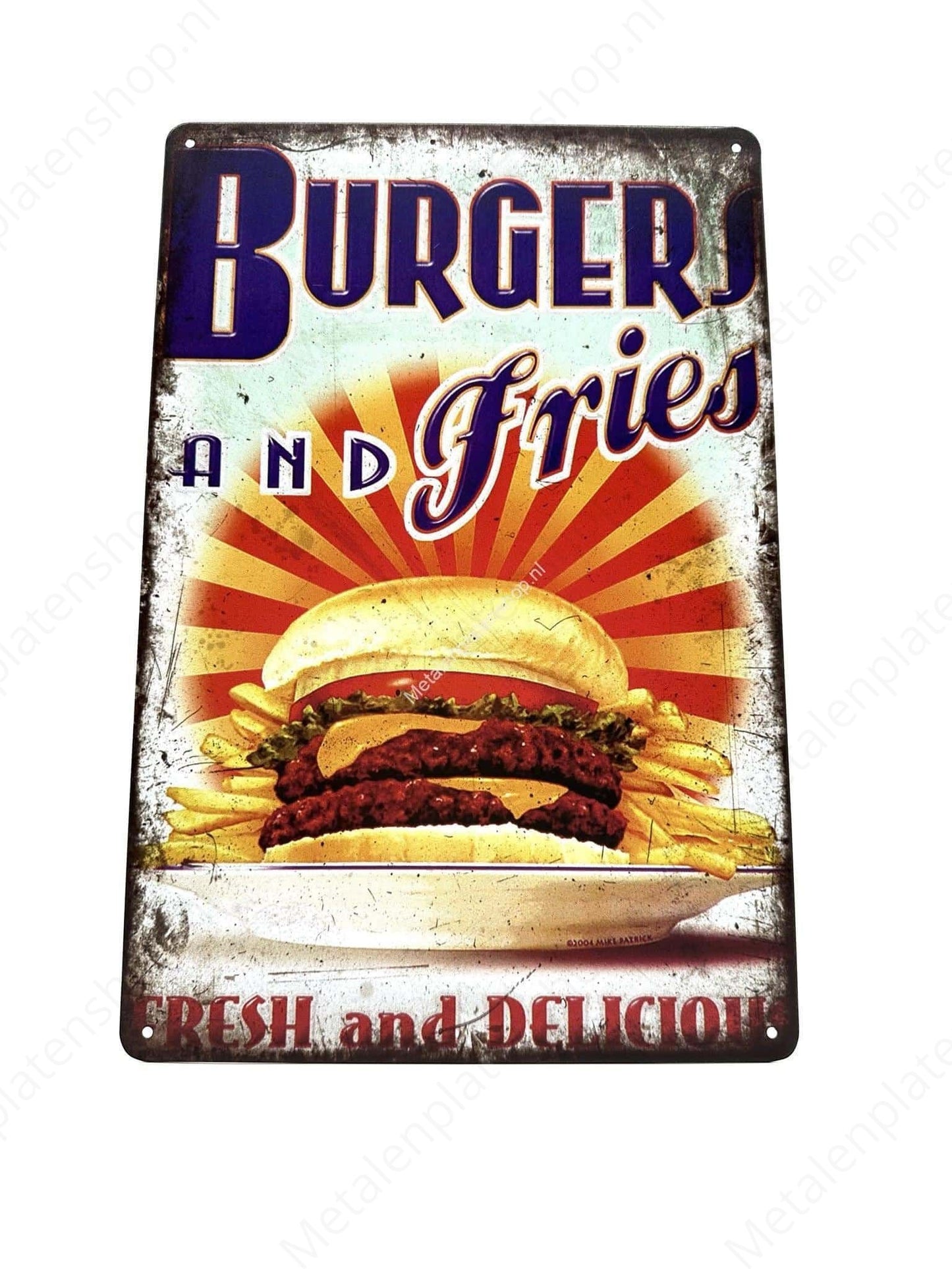 Burger and Fries - Fresh and Delicious - Metalen Wandbord