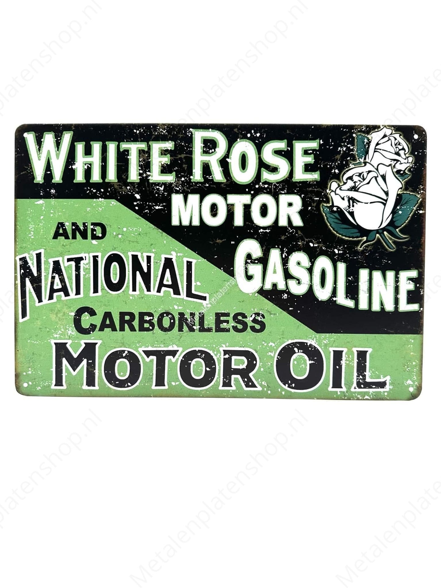 White Rose Motor Gasoline und National Carbonless Motor Oil – Metall-Wandschild