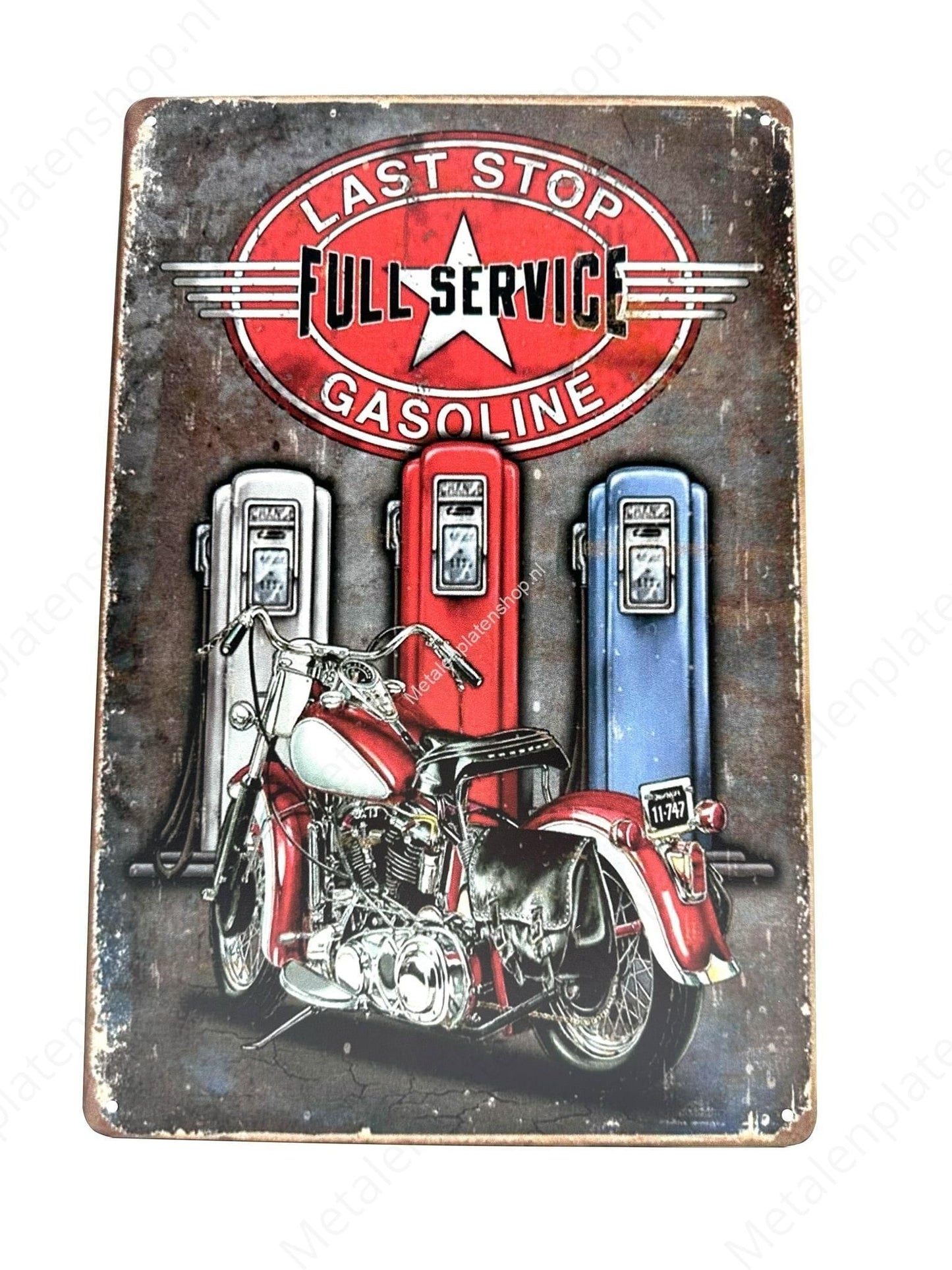 Motor – Letzte Haltestelle – Vollservice – Benzin – Metallwandschild