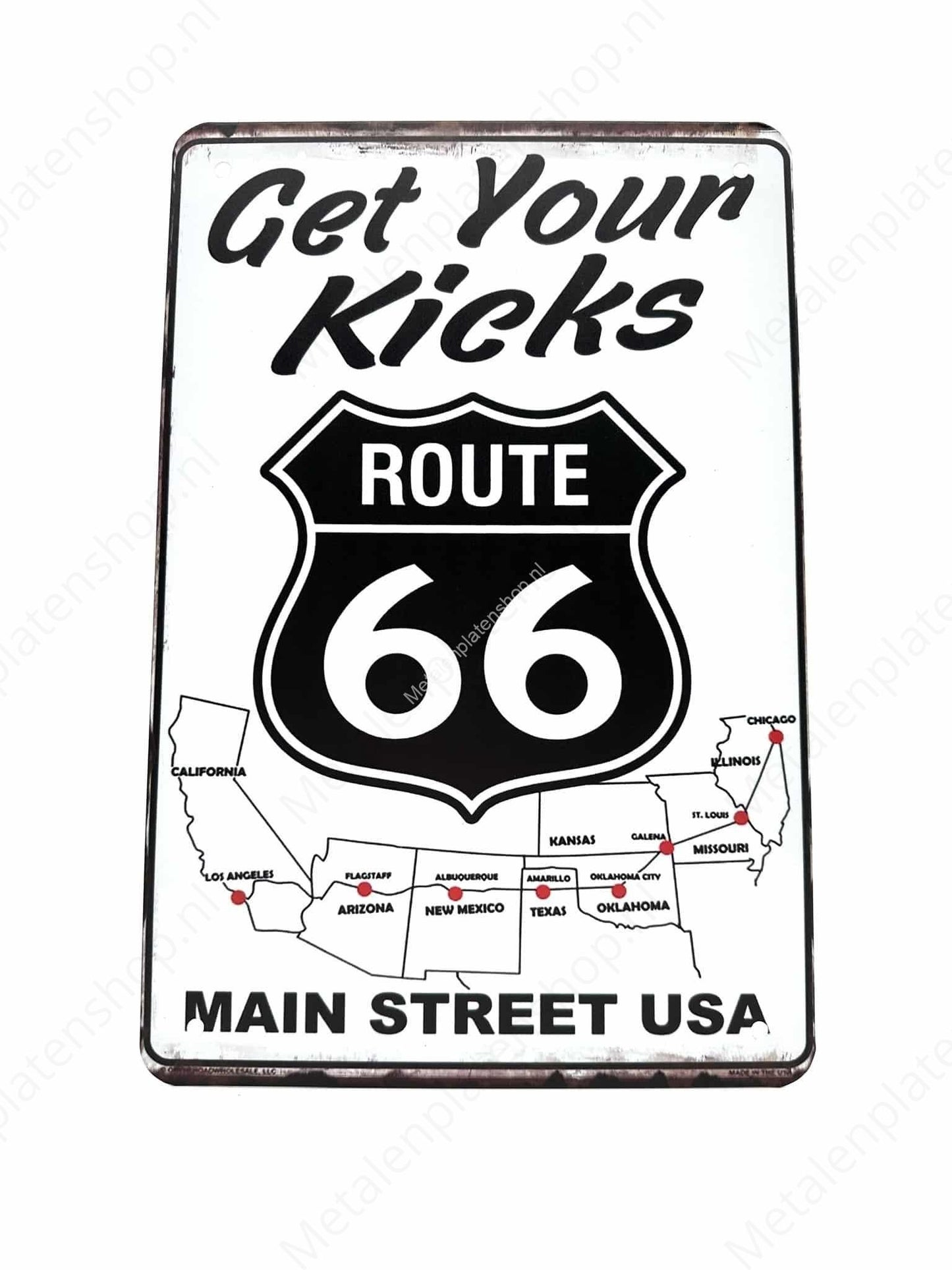 Holen Sie sich Ihre Kicks auf der Route 66 – Main Street USA – Metallwandschild