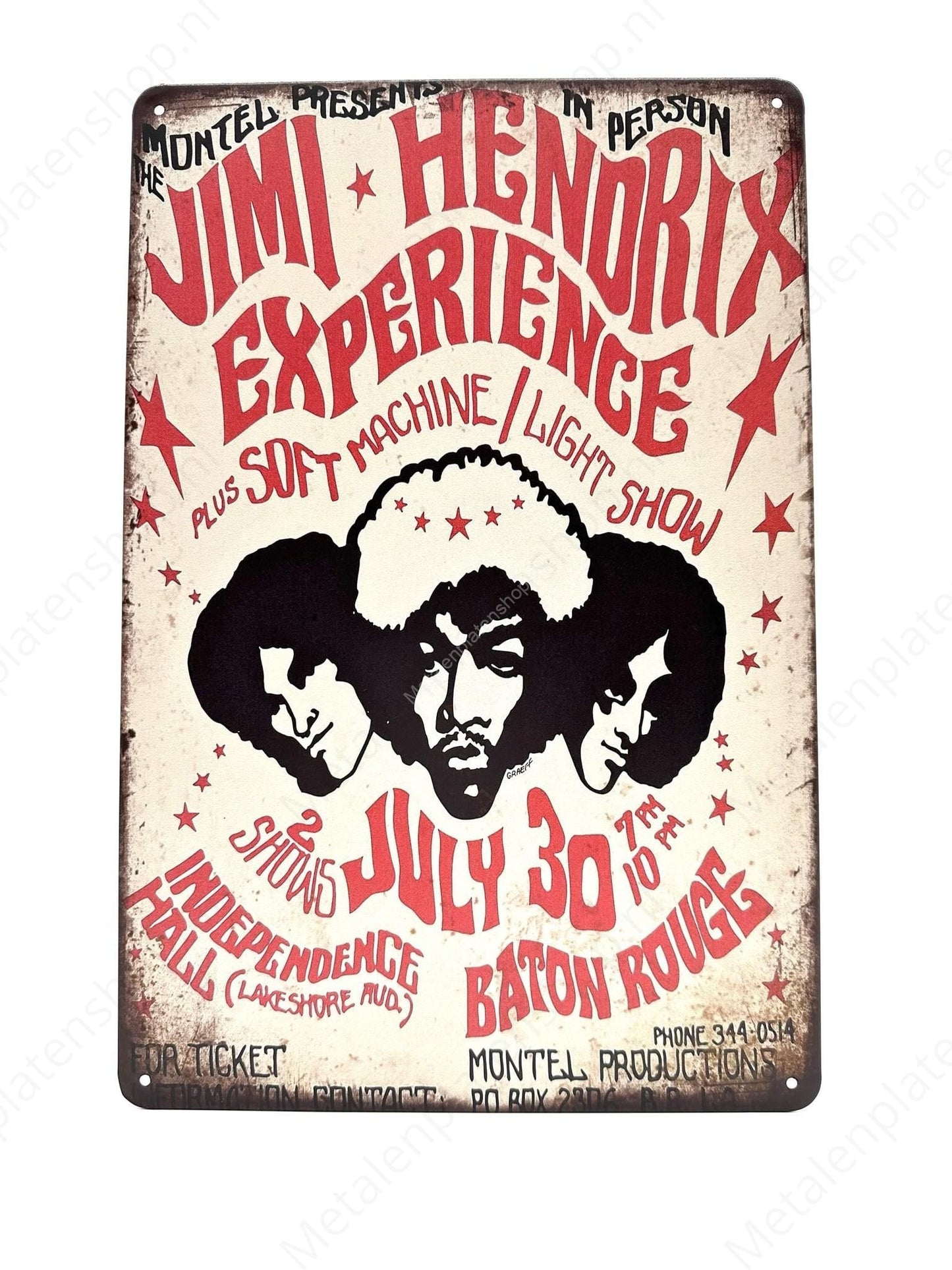 Jimi Hendrix - Experience - July 30 - Metal Wall Sign