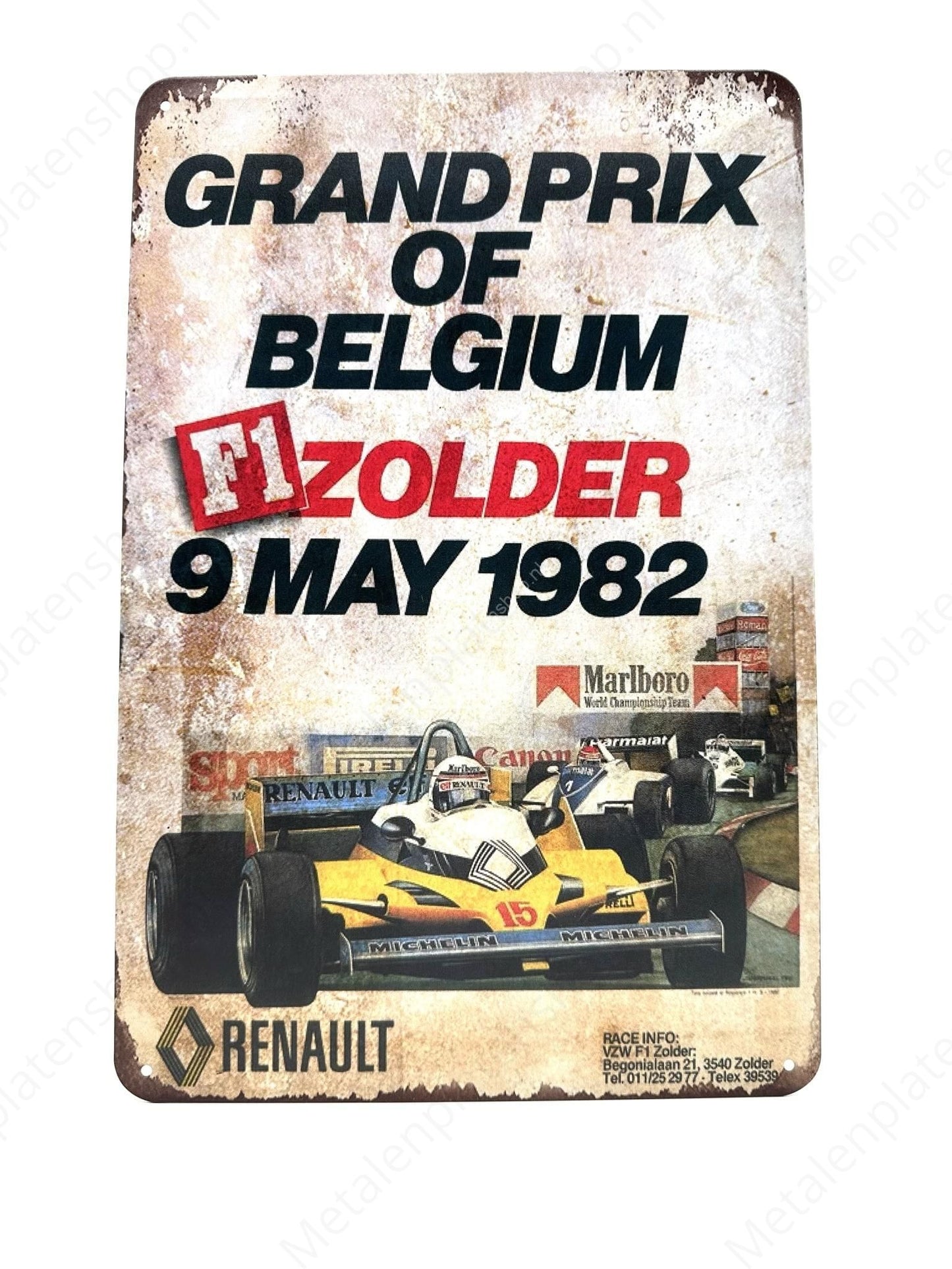 Großer Preis von Belgien – F1 Zolder – 9. Mai 1982 – Renault – Metallwandschild