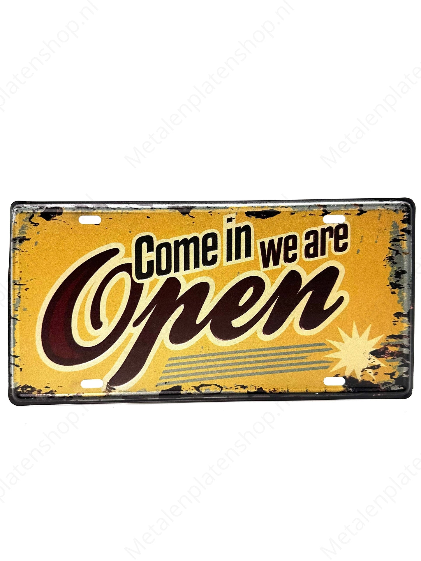 License Plate - Come in We Are Open - 30x15cm - Metal Wall Sign