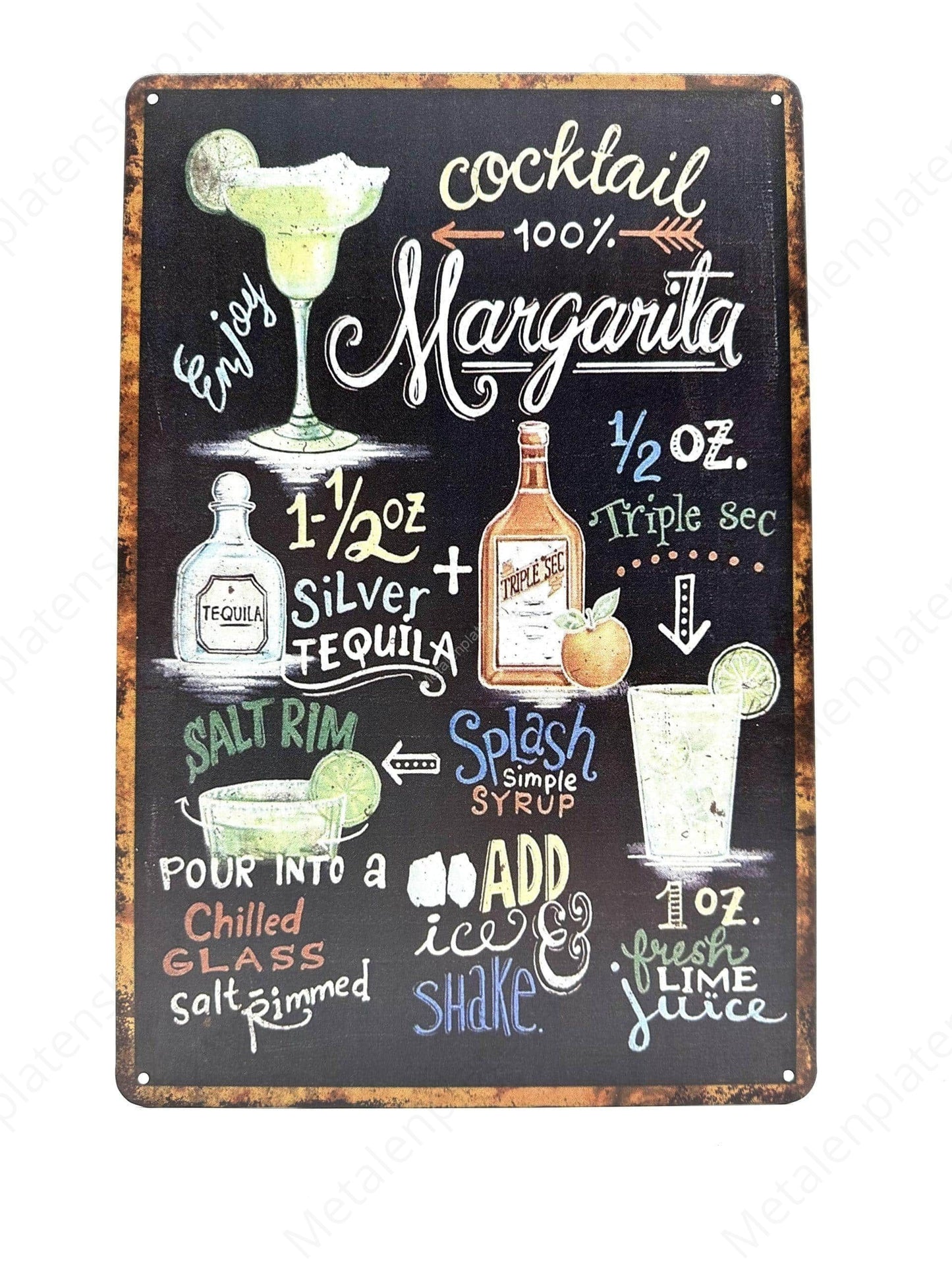 Chalkboard - Cocktail - 100% Margarita - Metal Wall Sign