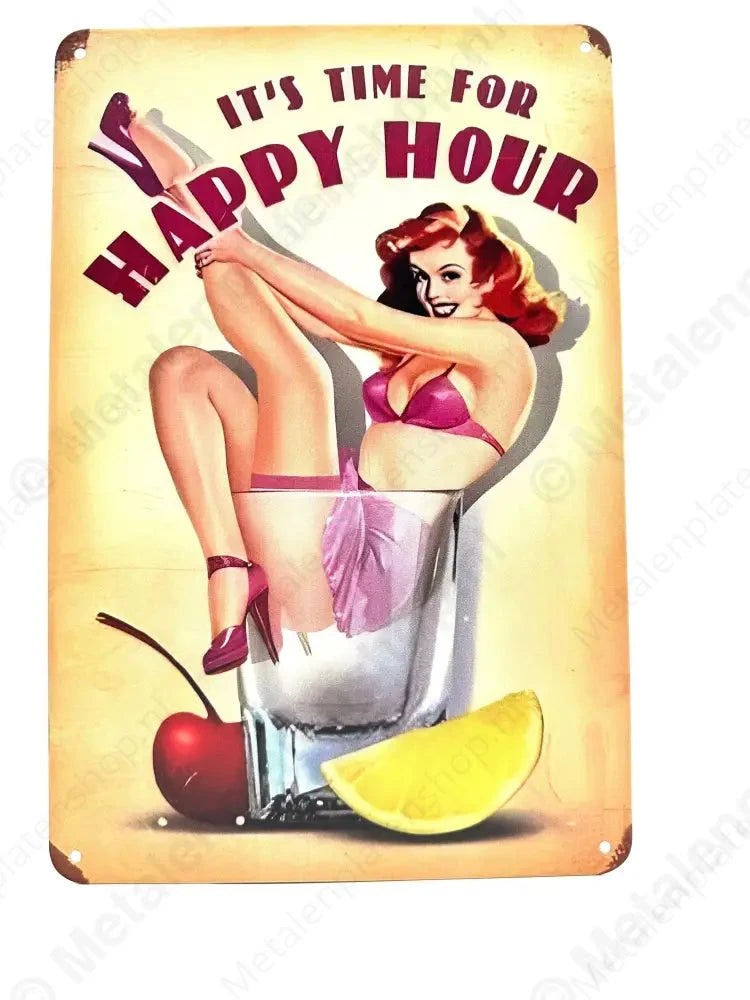 It’s time for happy hour - Pinup - Metalen Wandbord Metaalbord