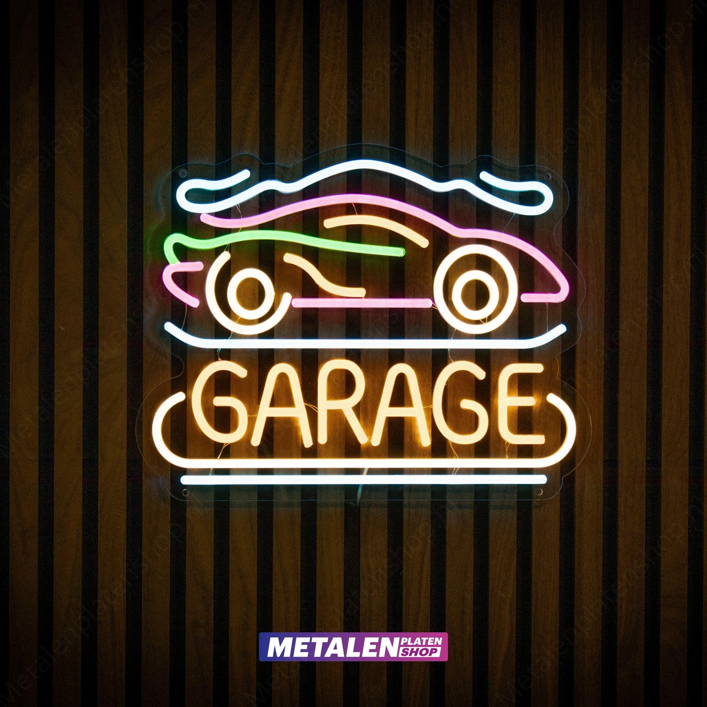 Garage mit Auto - Neonschild - LED
