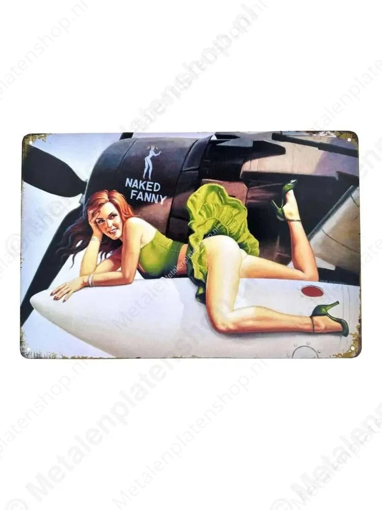 Vliegtuig - Naked Fanny - Vrouw - Metalen Wandbord Metaalbord