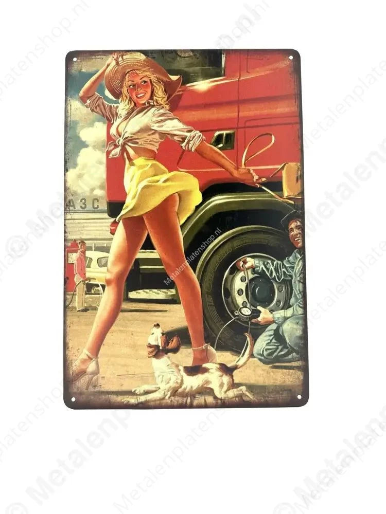 Vrouw met Vrachtwagen en hondje - Metalen Wandbord Metaalbord